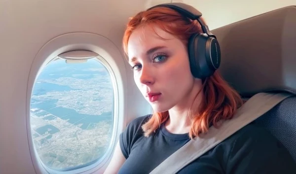 Мастурбация в небе и трах после посадки: рыжая косплей-милфа теребонькала в туалете, а потом сосала за жильё